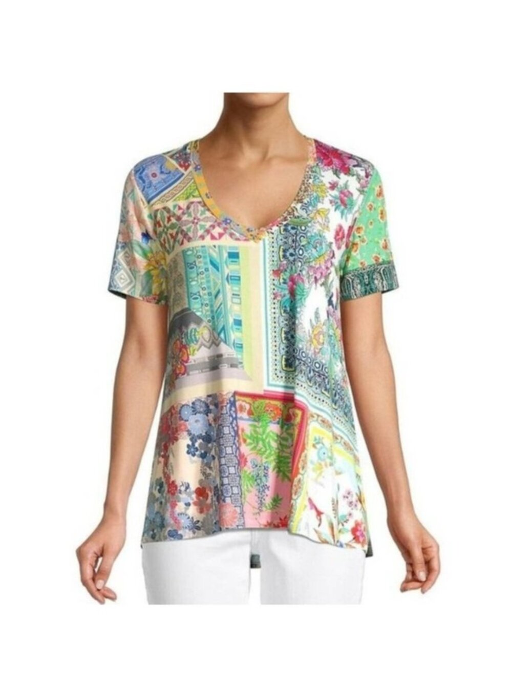 Johnny Was Annika Patchwork Floral Bamboo Swing Tee Small Short Sleeves Boho